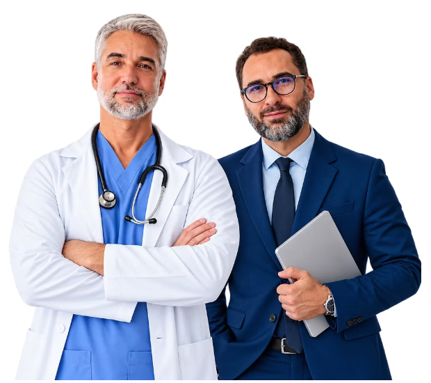 Médico e empresário representando o cuidado com a saúde corporativa